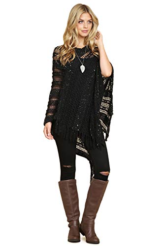 Bohemian Sequin Glitter Shawl Wrap Poncho - Kimono Cardigan, Sparkly Metallic Mesh Scarf, Open Knit Crochet Sweater Cape (Crochet Pullover Poncho - Black) #TOP2