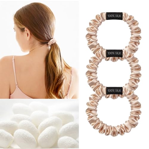 Image of THXSILK 100% Mulberry Silk Scrunchies 3-Pack, 25 Momme Mulberry Silk Hair Ties for Women, Sleek Low Profile No Damage Ponytail Holders, for Fine Hair & Everyday Use, Beige