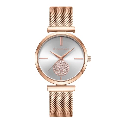 Giordano Eleganza Collection Analog Watch for Women with Crystal Studded Dial and Metallic Mesh Strap