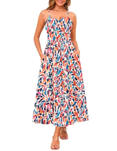 Image of Annebouti Women 2026 Summer Spring Ruched Maxi Dress Adjustable Spaghetti Strap Floral Beach Long Sundress with Pockets
