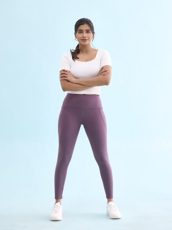 Image of GO COLORS Solid Nylon Stretch Ankle Length Training Tights | High Rise, Side Pockets