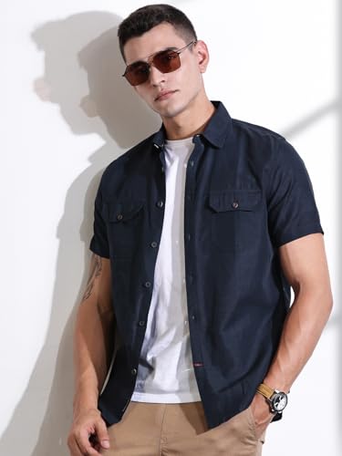 Image of Thomas Scott Men's | Solid | Half Sleeve | Slim Fit | Linen Blend | Double Flap Pocket | Spread Collar | Casual Shirt for Men