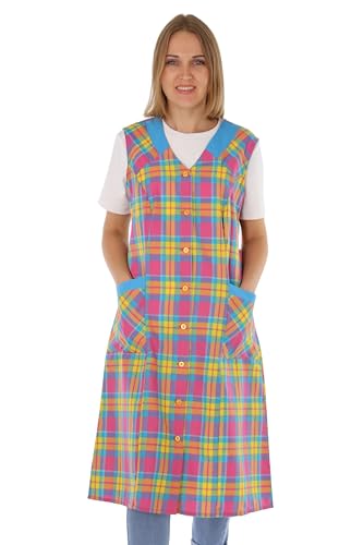 Delantal con botones para mujer, tejido mixto, a cuadros, sin brazo, delantal de cocina, Diseño 6, 44