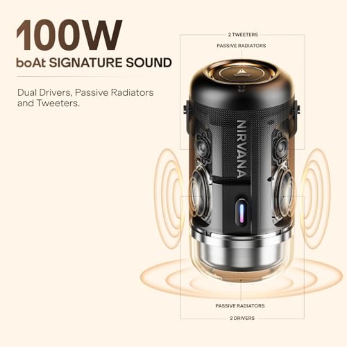 Image of Boat 2026 Launch Nirvana Luxe,360- Surround, Spatial Audio, 100W, 15hrs Battery, Broadcast, App Support, NFC Pairing (Android), Bluetooth Speaker, Wireless Speaker, Portable Speaker (Charcoal Black)