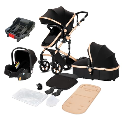 Image of 3 in 1 Baby Stroller Travel System, Reversible Newborn Foldable Pram, Infant High Landscape Pushchair, Portable Standard Stroller, Reclining Buggy, Baby Carriage (UD588-BLACKGOLD with Base)