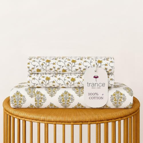 Image of Trance Home Linen Jaipuri Design 180TC 100% Cotton King Size Printed Bedsheet | Bedding Set of King Size Flat Bed Cover with 2 Pillow Covers (108x108 inch | 9ft x 9ft - Madhuban Yellow)