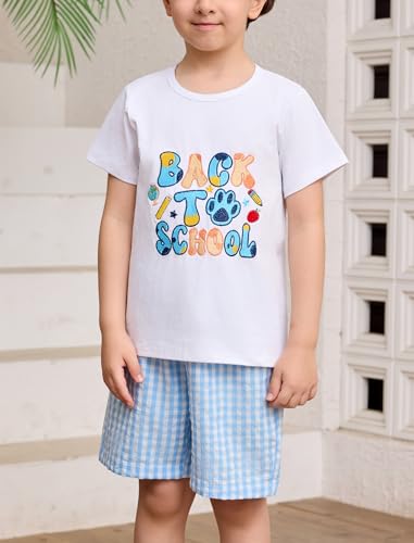 Image of OBEEII Back to School Outfit Toddler Boy Short Sleeve Graphic Shirt Gingham Shorts First Day of School Summer Clothing Set