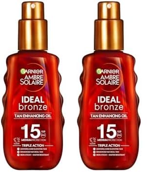 Garnier Ambre Solaire Ideal Bronze Protective Oil Sun Cream SPF15, High Sun Protection Factor 15, Shea Butter, Water Resistant & Non Greasy Sunscreen, UVA & UVB Protection, 150ml (Pack of 2)