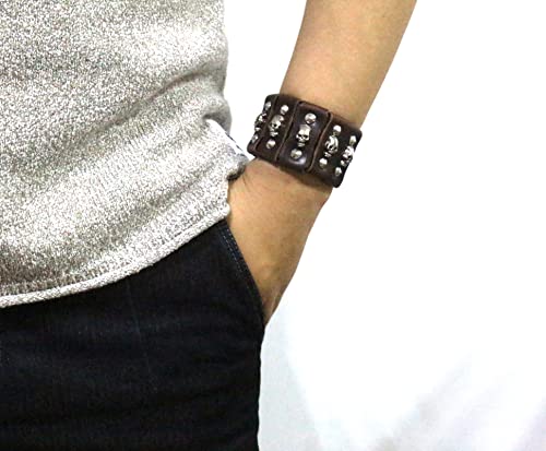 Pulsera de cuero punk unisex ajustable con calavera miniatura 7