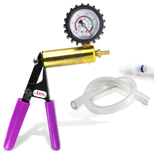 LeLuv Ultima Purple Vacuum Pump - Aluminum Alloy &amp; Brass Handle Manual Hand Vacuum (0-30 Hg, 0-760 mmHg), Gauge Installed with Protective Rubber Cover, Rubber Padded Grips with Clear Hose &amp; Fitting