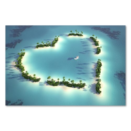 Postereck - 0231 - Herz Insel, Boot Karibik Urlaub Liebe Strand Meer - Wandposter Fotoposter Bilder Wandbild Wandbilder - Poster - DIN A4-21,0 cm x 29,7 cm
