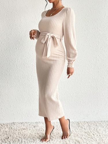 Makemechic 967598846-XXL Women'S Maternity Scoop Neck Lantern Sleeve Ribbed Belted Bodycon Midi Dress Khaki Xxl thumb #3