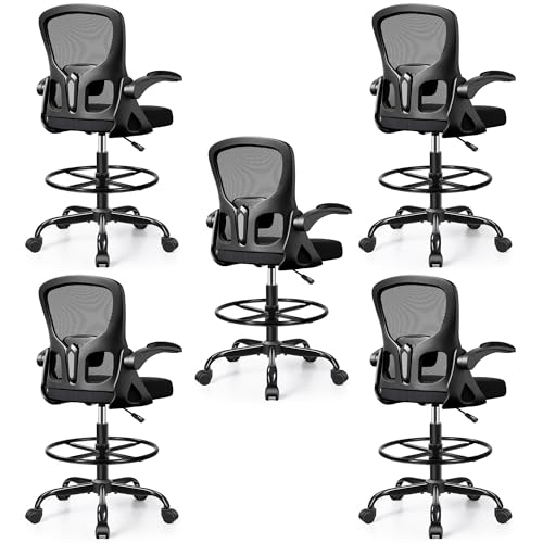 Image of 5-Pack Drafting Chair Tall Office Chair for Standing Desk - Ergonomic Computer Work Stool with Flip-up Arms, Foot Ring & Adjustable Lumbar Support. Ideal for Studio, Artist,Study (Black)