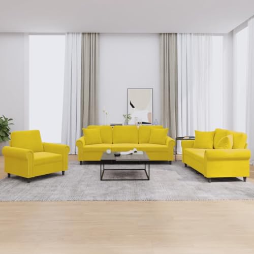 vidaXL Sofagarnitur 3-TLG., Sessel Couch mit Kissen, Sofa Wohnzimmersofa mit Armlehnen, Couchgarnitur Designsofa Sitzmöbel Polstermöbel, Gelb Samt – Bild 3