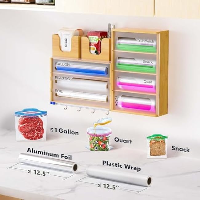 Storage Bag Organizer Plastic Wrap Dispenser with Cutter - 15 in 1 Bamboo Foil and Plastic Wrap Organizer with 4 Hooks, Wall-Mounted Food Bag Storage Container for Gallon, Quart Bags & 12 Rolls