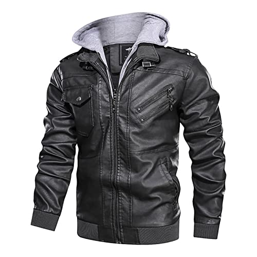 utcoco Men's Casual Stand Collar PU Faux Leather Zip-Up Motorcycle Bomber Jacket with Removable Hood