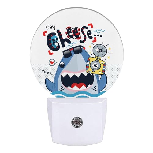 Image of Cute Shark Night Light Ocean Animals Night Lights LED Lamp Round Plug into Wall Nightlight with Dusk to Dawn Sensor Home Hallway Stairway Kitchen Decor