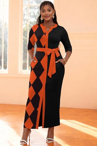 Image of Nmoder Long Maxi Dress for Women, Pencil Church Bodycon Dress Front Split | 3 /4 sleeve v neck, curvy tea party work semi formal cocktail funeral date bridesmaid dress, colorblock, m-3xl