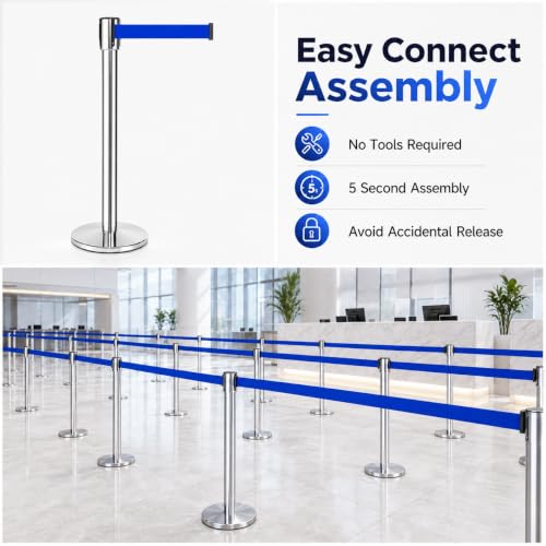 Image of LADWA Q Please (Q Manager), 202 Grade Extendable 2.25 mtr Hook Type Stanchions Barrier Accessories Steel Barricade, Blue Que Manager
