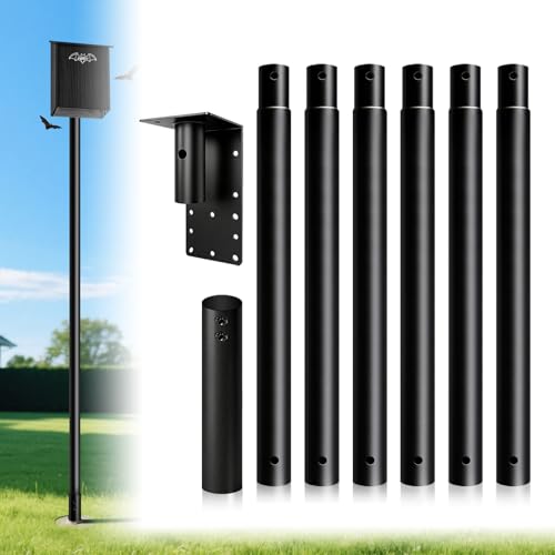 Diiscu 18ft Purple Martin House Pole with Ground Socket 1.9in Diameter Bat House Pole Heavy-Duty Galvanized Steel Durable & Easy to Install Including Bird House Installation Bracket Black