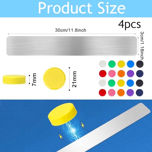 Image of Climberty 4 Pack Magnetic Stainless Memo Board Strip Message Board with 20 Pcs Color Magnets, Adhesive Backing Bulletin Bar Board for Office, Home, Photo Wall, Documents and Fridge (Silver)