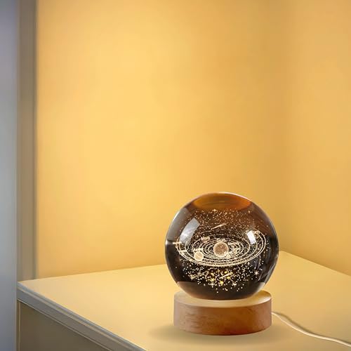 Image of 3D Star Galaxy Crystal Ball Night Light with Wooden Base, Table Lamp