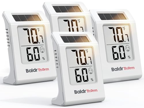 BALDR 4-Pack Digital Hygrometer Thermometer, Solar Power with Battery Backup Temperature and Humidity Monitor, Mini Room Thermometer with Comfort Indicator (White)