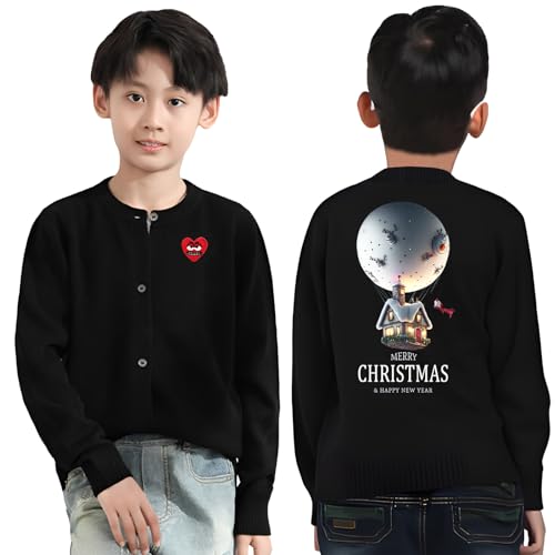 Merry Christmas Print Boy Cardigan Round Neck Cool Snag Eyes Heart Embroidery Cotton Button Fit Open Front Sweater - Main Image