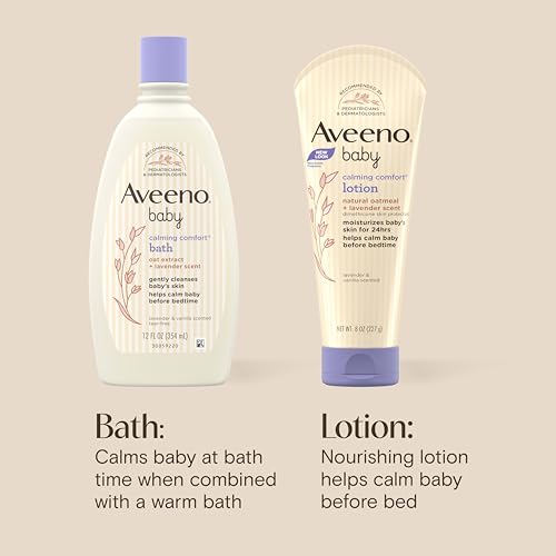 Image of Aveeno Baby Calming Comfort Bath + Body Lotion Set, Nighttime Baby Wash & Baby Lotion with Oat Extract, Soothing Lavender & Vanilla Scent, Gently Cleanses & Helps Calm Baby Before Bedtime, 2 Items