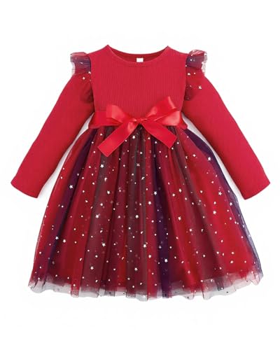 JiAmy Rainbow Dresses for Girls Ruffle Long Sleeves Dress Kids Sequins Ribbed Knit Tulle Skirt with Belt Party Birthday Dress 110, Red