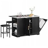 YITAHOME Kitchen Islands with Seating, 47' Mobile Storage Island with Trash Can, Rolling Kitchen Island Cart with Drop Leaf & Stainless Steel Countertop, Bar Table with 2 Stools, Spice Rack, Black