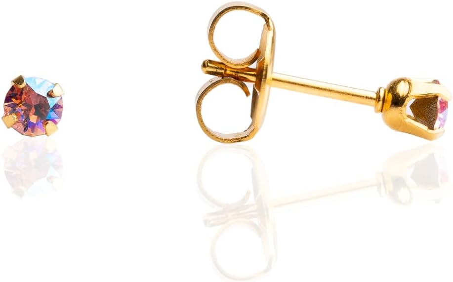 Sensitive Crystal Shimmers Stud Earrings 3mm | Hypoallergenic and Nickel Safe for Sensitive Ears | Gold Plated Post