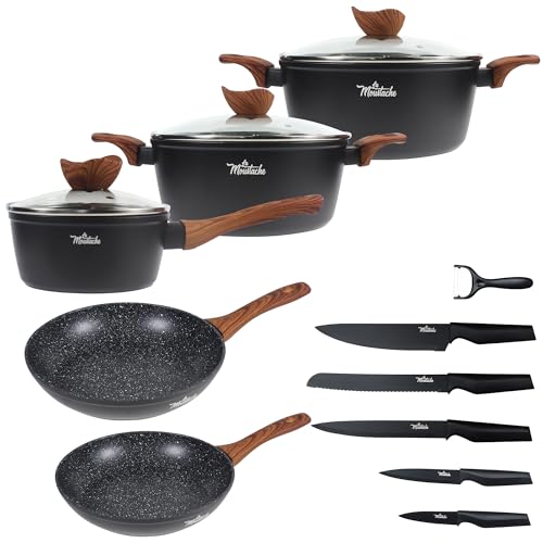 La Moustache - Batería de Cocina de Aluminio con Antiadherente | 8 Piezas Callao + 5 Cuchillos Negros Inoxidables con Pelador de Verduras, Ollas/Sartenes para Todas las Cocinas, Incluso Inducción