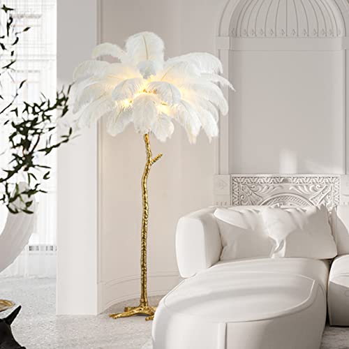Natural Ostrich Feather Floor Lamp,Feather Lamps For Bedrooms And Living Room With Foot Switch Dimmable,Resin Feather Standing Lamp H:170Cm (White) #TOP5