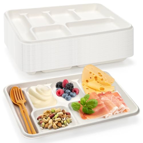 Bekith 60 Pack 6-Compartment Disposable Paper Plate, 100% Compostable Bagasse School Lunch Tray, Heavy-Duty Sectional Plates Made of Sugar Cane Fibers