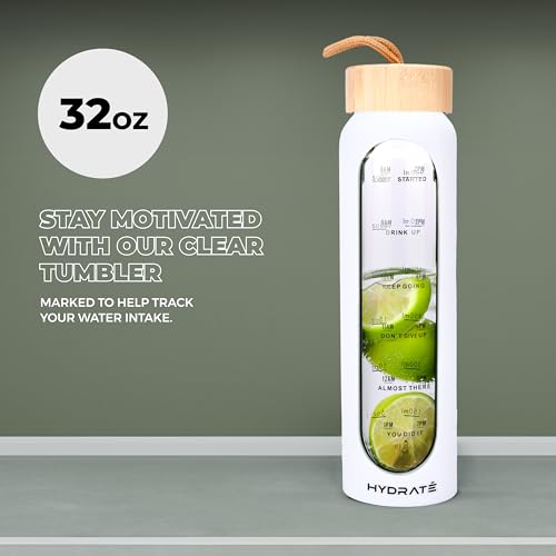 Hydrate-32oz-Borosilicate-Glass-Water-Bottle-with-2-Bamboo-Lids-Fruit-Infuser-Motivational-Time-Marker-Refillable-Time-Schedule-Drinking-Bottle-Insulated-Silicone-Sleeve-White-11Hx3Lx3W