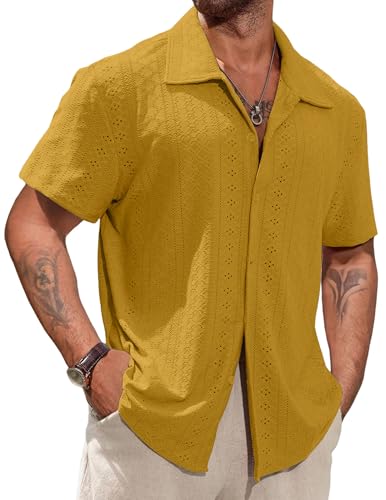 Vssjavun Mens Short Sleeve Button Down Shirts Casual Hollow Out Summer Beach Shirt