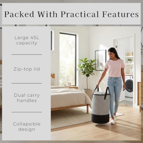Image of Large Collapsible Laundry Hamper, 45L Capacity, Zip-Top Lid & Carry Handles, Space-Saving Foldable Design, Black