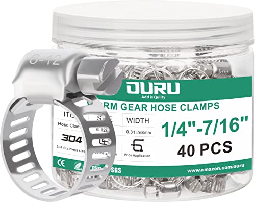 OURU 40PCS Hose Clamps Stainless Steel Adjustable 1/4 7/16(6-12mm) Worm Gear Hose Clamp Heavy Duty Metal Small Hose Clamps for Automotive Pipe Radiator Plumbing Fuel Line
