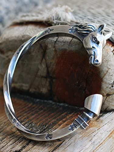 Serired Men 925 Sterling Silver Viking Odin Mount Horse Twisted Bangle, Handmade Adjustable Norse Mythological Animals Horseshoe Open Bracelet, Cool Personality Cuff Jewelry,A Horse #TOP2