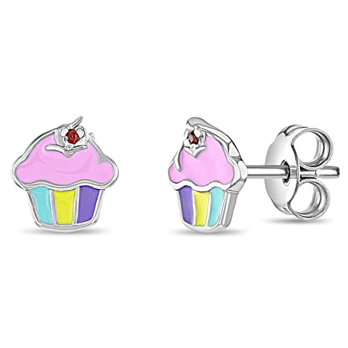 925 Sterling Silver Multicolor Enamel Cupcake Stud Earrings for Little Girls and Preteens 10mm - Sweet Cupcake Earrings for Young Girls Birthday Gifts - Fashionable Jewelry for Girls