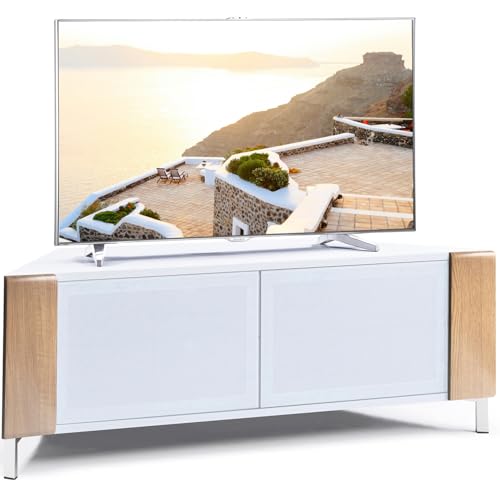 MDA Designs CORVUS Corner-Friendly Gloss White Contemporary Cabinet with Oak Profiles White BeamThru Glass Doors Suitable for Flat Screen TVs up to 50