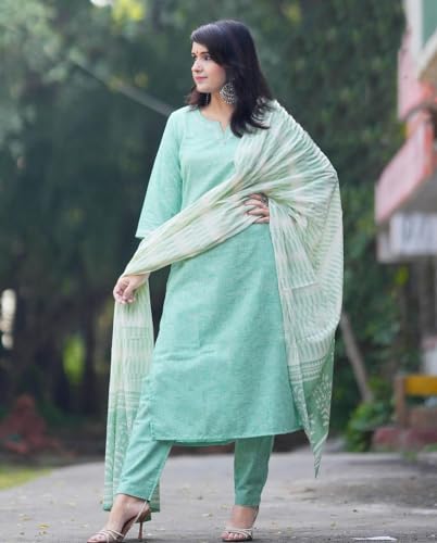 Image of ANNI DESIGNER Women's Cotton Blend Printed Straight Kurta with Pant & Dupatta