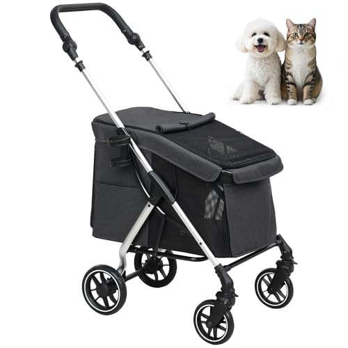 PawHut Hundewagen leicht Hundebuggy aus Aluminium klappbar für Hunde & Katzen Katzenbuggy mit Kissen Netzfenstern Türen Aufbewahrungskorb Katzenwagen Mini-Hundewagen für kleine Hunde Grau