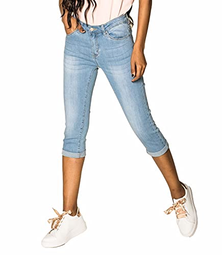 Nina Carter P132 Damen Capri Skinny Fit Jeanshosen HIGH Waist Jeans Used-Look Waschungseffekt, Hellblau (P132-6), L