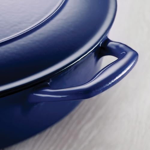 Image of TRAMONTINA Bestow Round Dutch Oven 5.2L with Lid | Enameled Cast Iron Casserole Pot & Biryani Pot | Even Heat Retention | Low Oil Healthy Cooking | No Seasoning Required | All Cooktops Compatible | Blue