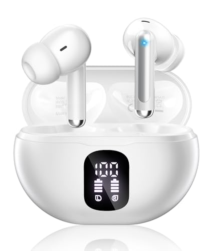Wireless Earbuds, Bluetooth 5.4 Headphones with 50H Playback, Deep Bass Stereo Ear Buds Clear Calls with LED Power Display, IPX7 Waterproof, in-Ear Earphones with Mic for Phone/Android/iPad, White