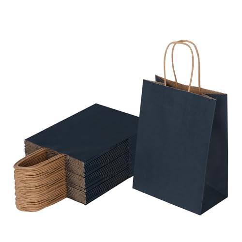 Joybe 50 Pack 5.95x3.25x8 Inch Small Navy Blue Paper Bags with Handles Bulk, Kraft Paper Gift Bags for Birthday Party Favors Grocery Retail Shopping Business Goody Merchandise Craft Blank Sacks