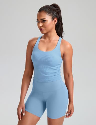 Image of HeyNuts Zeal Bras Longline Ribbed Medium Support Sports Bras, Crisscross Back Tank Tops with Removable Pads A-D Cups