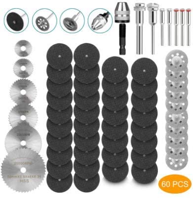 Cutting Wheel Set For Rotary Tool 60 Pcs Compatible With Dremel 426 Fiberglass, Hss Circular Saw Blades, Diamond Cutting Wheels Cut Off Discs 1/8’’ Shank Mandrels Keyless Chuck Included #TOP3